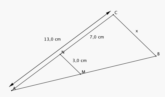 Trekanten ABC er delt i to av MN som er parallell med BC. AC er 13,0 cm, CN er 7,0 cm, MN er 3,0 cm og BC er x.